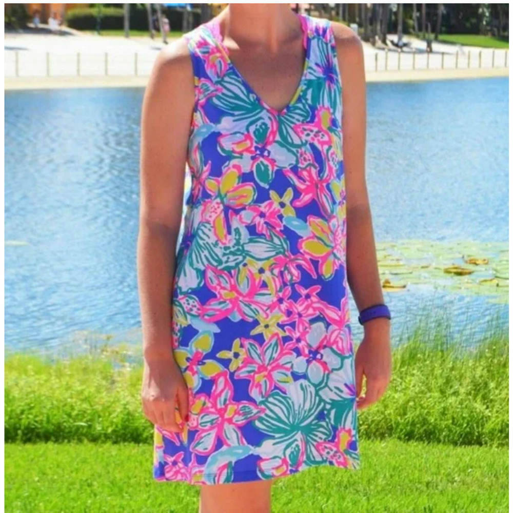 Lilly Pulitzer Blythe Dress Iris Blue Casa Azul V-Neck Swing Blue Pink Size XL